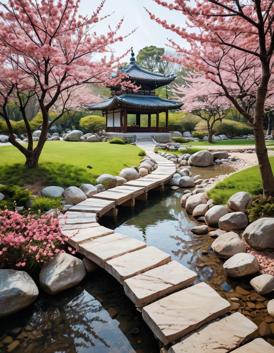A serene landscape featuring a tranquil Korean garden with cherry blossom trees, a Zen stone path leading to a meditation pavilion, and a flowing stream symbolizing emotional wellness. Include individuals practicing mindfulness techniques, such as meditation and deep breathing. The scene should evoke peace and harmony, with soft pastel colors. surreal. vibrant colors. minimalistic design.