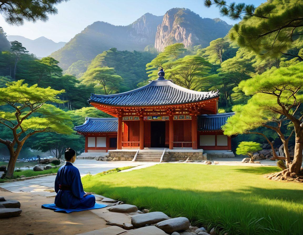 A serene landscape featuring a tranquil Korean temple surrounded by lush mountains, with a person meditating peacefully in the foreground. Soft, gentle light filters through the trees, reflecting a sense of calm and mindfulness. Incorporate traditional Korean elements like Hanbok attire and wooden architecture, emphasizing harmony between nature and psychology. super-realistic. vibrant colors. peaceful atmosphere.