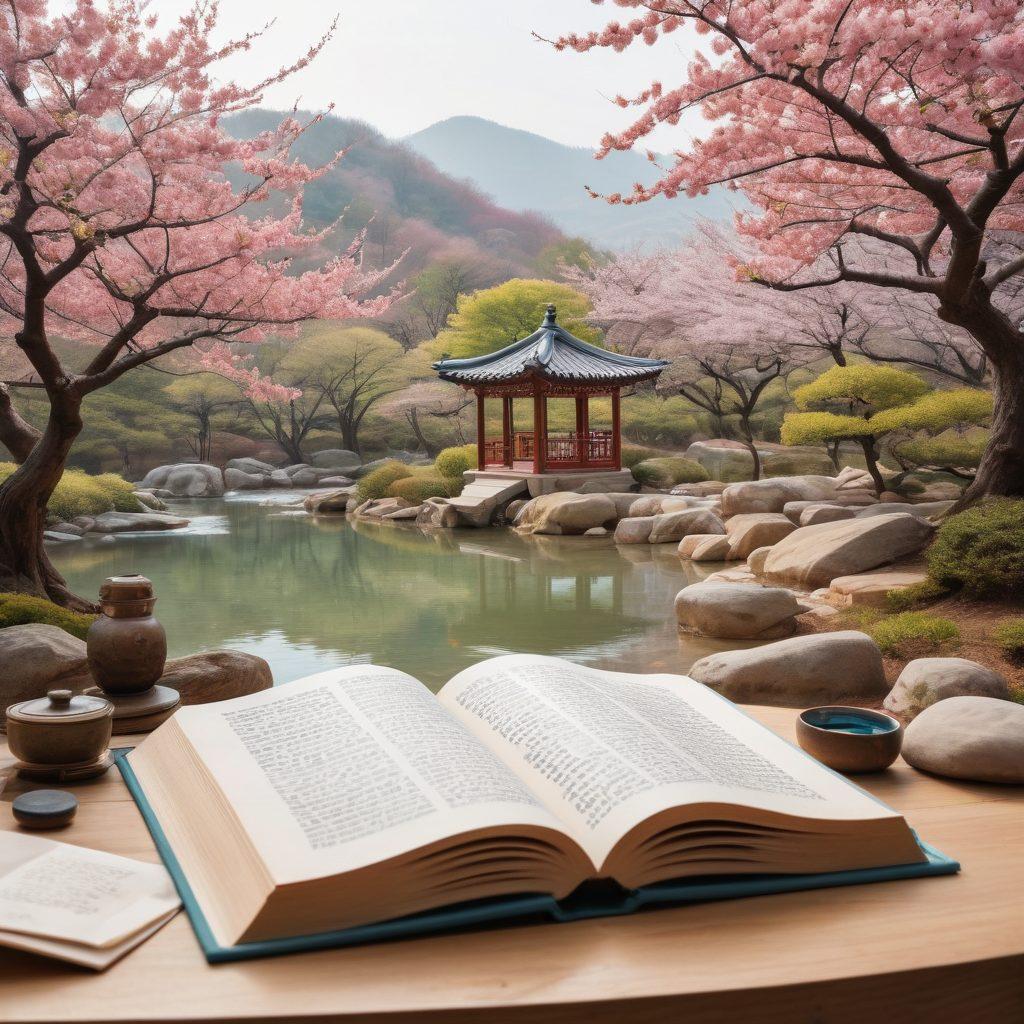 A serene landscape featuring a traditional Korean gazebo surrounded by cherry blossom trees and soft flowing water, symbolizing peace and emotional healing. In the foreground, an open book with illustrations of Korean counseling techniques and psychological research, alongside calming teas and healing stones. A light, ethereal atmosphere with soft pastels and gentle sunlight filtering through the trees. super-realistic. vibrant colors. peaceful nature theme.